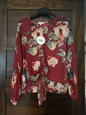 Umgee Burgundy Floral Tie-Front Blouse
